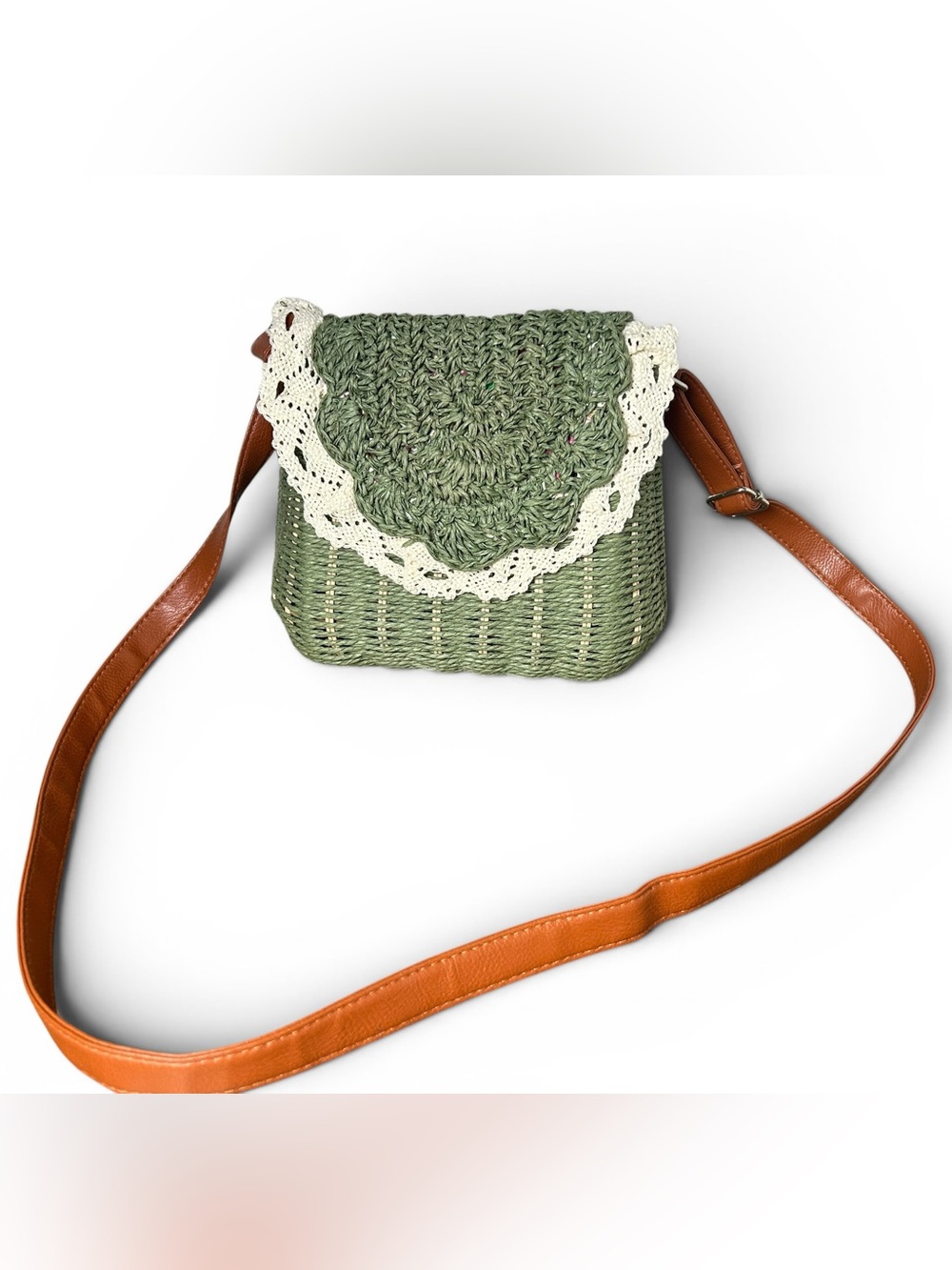 Vintage Sage Green Woven Crochet Lace Crossbody Bag